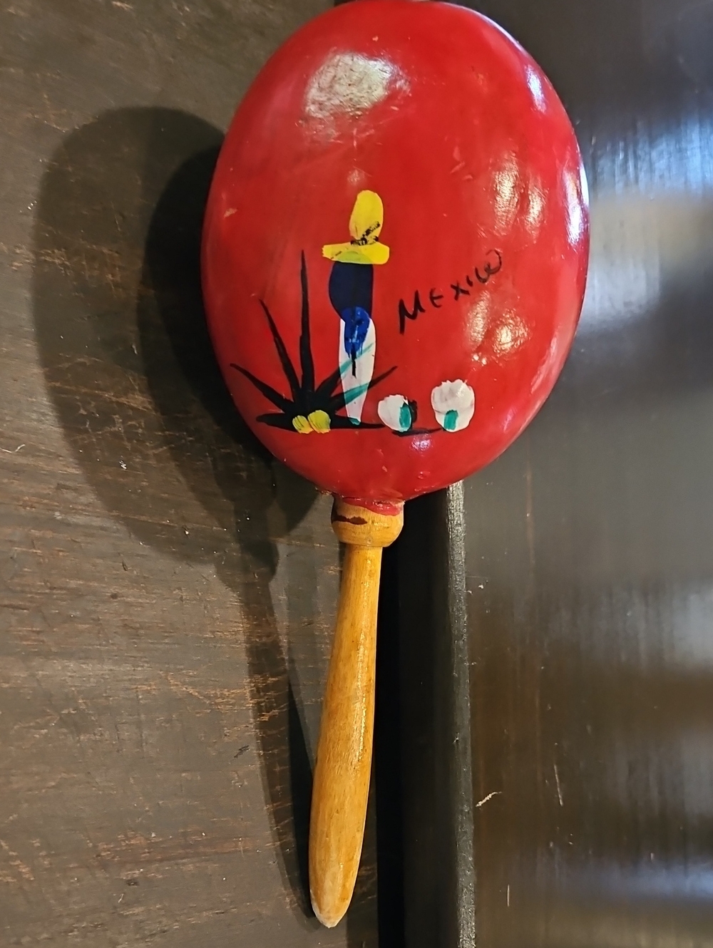 Hand-Painted Red Wooden Maraca - Mexico Motif